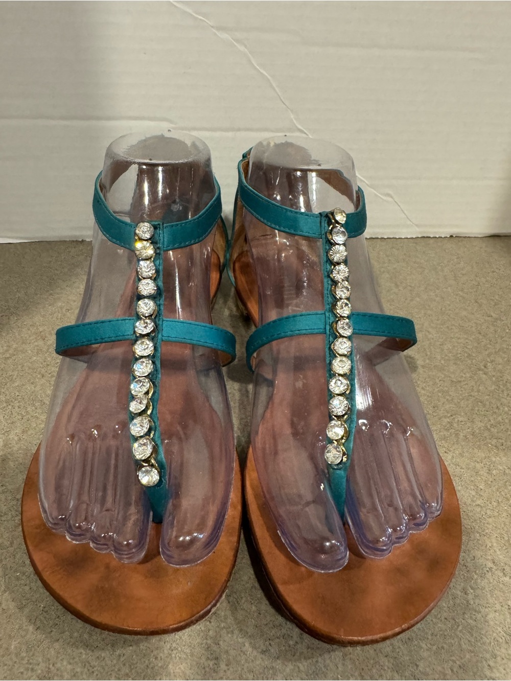 SCHUTZ Teal T-Strap Crystal Embellished Thong Sandals